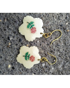 Alphabey's Love Rose Hand Painted Bone Carving Gold Plated Brass Drop Earrings For Women